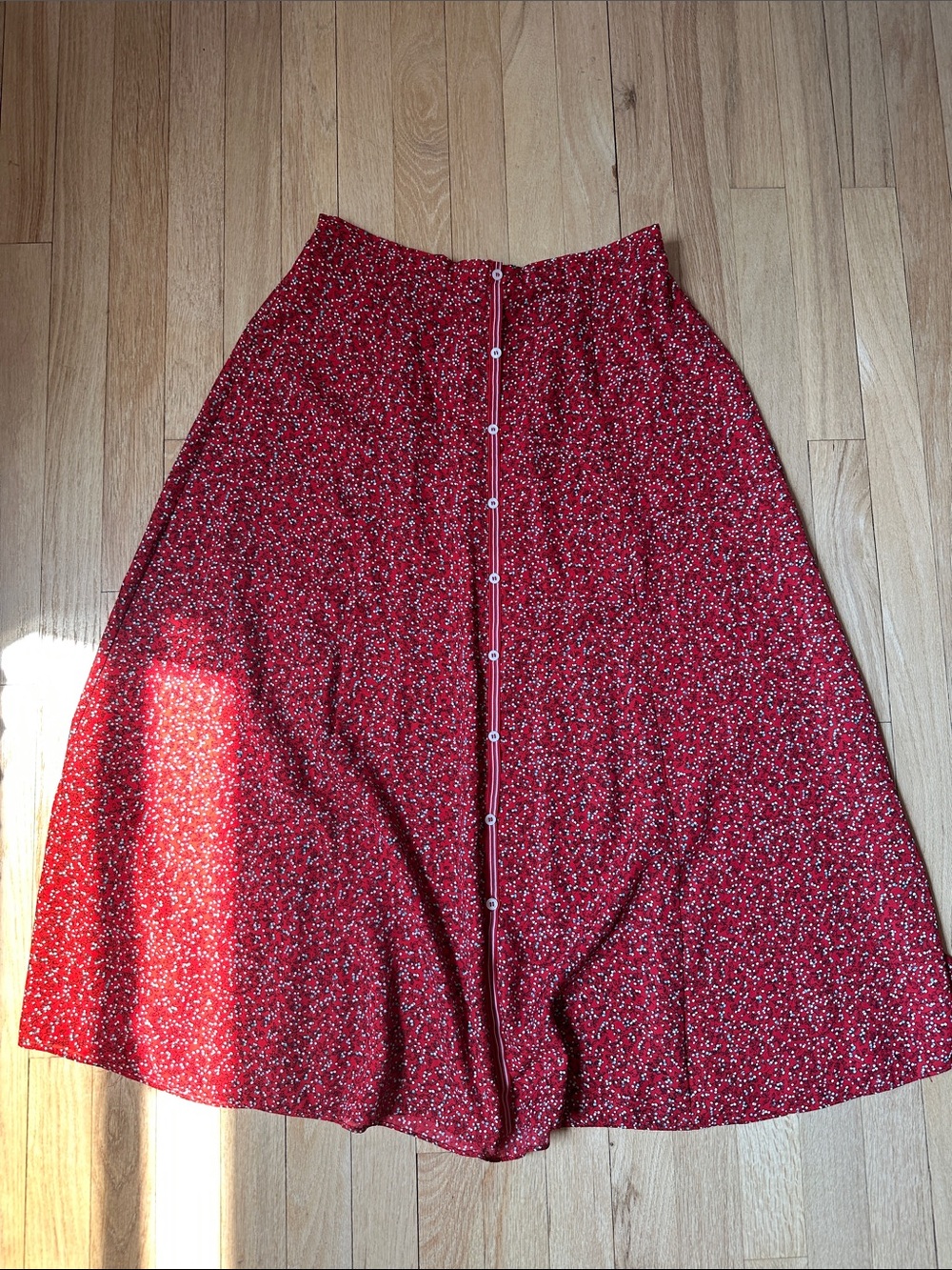 Red Floral Button-Front A-Line Midi Skirt